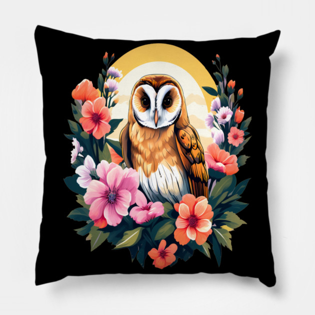 Cute European Barn Owl Surrounded by Bold Vibrant Spring Flowers Pillow by BirdsnStuff