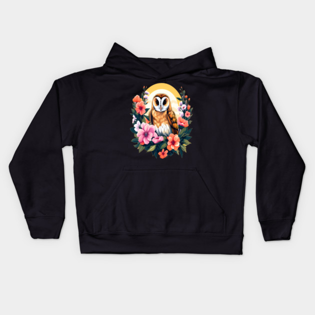 Cute European Barn Owl Surrounded by Bold Vibrant Spring Flowers Kids Hoodie by BirdsnStuff