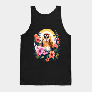 Cute European Barn Owl Surrounded by Bold Vibrant Spring Flowers Tank Top