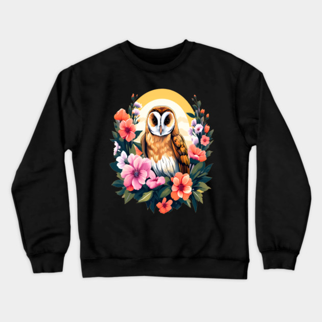 Cute European Barn Owl Surrounded by Bold Vibrant Spring Flowers Crewneck Sweatshirt by BirdsnStuff