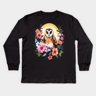 Cute European Barn Owl Surrounded by Bold Vibrant Spring Flowers Kids Long Sleeve T-Shirt