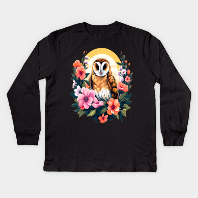 Cute European Barn Owl Surrounded by Bold Vibrant Spring Flowers Kids Long Sleeve T-Shirt by BirdsnStuff