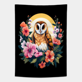 Cute European Barn Owl Surrounded by Bold Vibrant Spring Flowers Tapestry