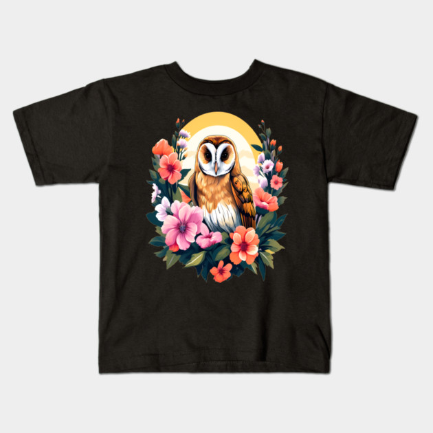 Cute European Barn Owl Surrounded by Bold Vibrant Spring Flowers Kids T-Shirt by BirdsnStuff