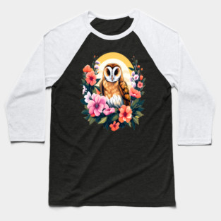 Cute European Barn Owl Surrounded by Bold Vibrant Spring Flowers Baseball T-Shirt