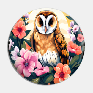 Cute European Barn Owl Surrounded by Bold Vibrant Spring Flowers Pin