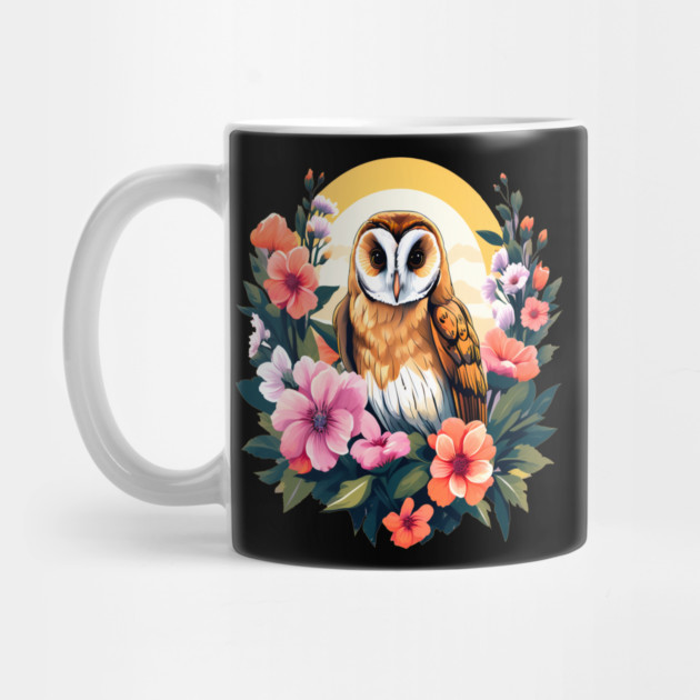 Cute European Barn Owl Surrounded by Bold Vibrant Spring Flowers by BirdsnStuff