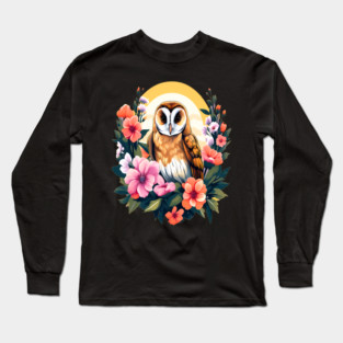 Cute European Barn Owl Surrounded by Bold Vibrant Spring Flowers Long Sleeve T-Shirt