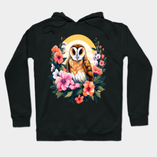 Cute European Barn Owl Surrounded by Bold Vibrant Spring Flowers Hoodie
