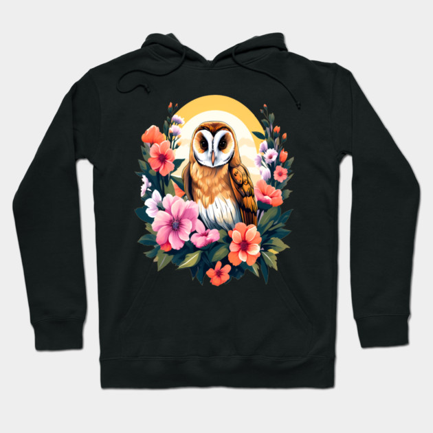 Cute European Barn Owl Surrounded by Bold Vibrant Spring Flowers Hoodie by BirdsnStuff
