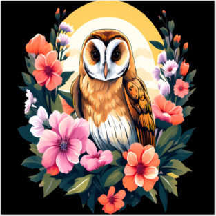 Cute European Barn Owl Surrounded by Bold Vibrant Spring Flowers Posters and Art