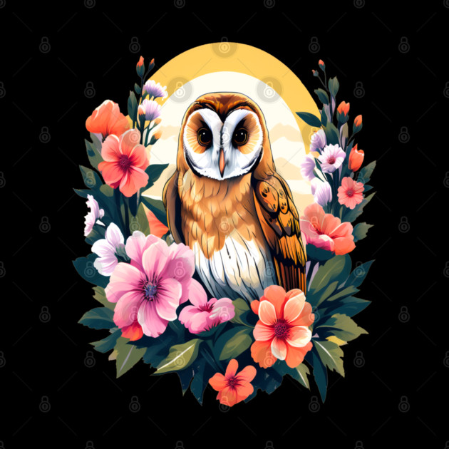 Cute European Barn Owl Surrounded by Bold Vibrant Spring Flowers by BirdsnStuff