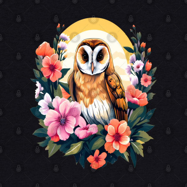 Cute European Barn Owl Surrounded by Bold Vibrant Spring Flowers by BirdsnStuff