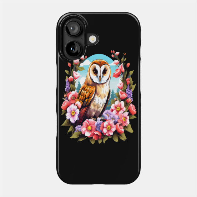 Cute European Barn Owl Surrounded by Bold Vibrant Spring Flowers Phone Case by BirdsnStuff