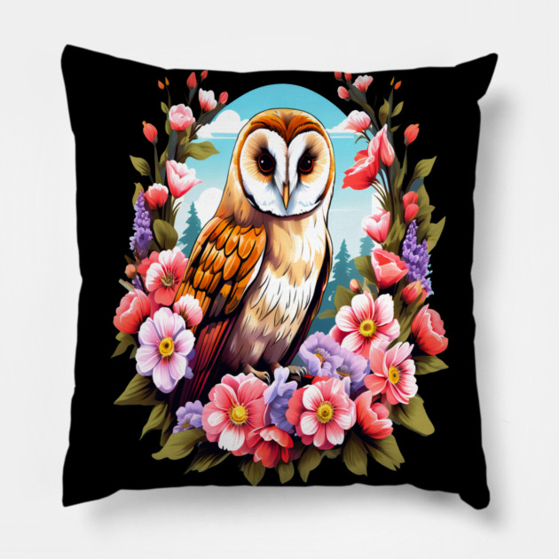 Cute European Barn Owl Surrounded by Bold Vibrant Spring Flowers Pillow by BirdsnStuff