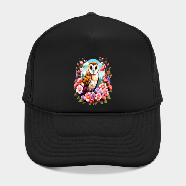 Cute European Barn Owl Surrounded by Bold Vibrant Spring Flowers by BirdsnStuff