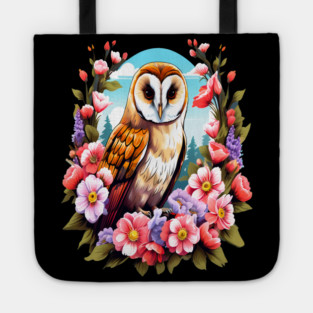 Cute European Barn Owl Surrounded by Bold Vibrant Spring Flowers Tote