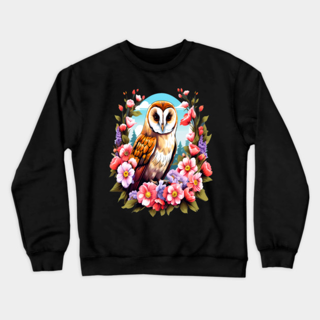 Cute European Barn Owl Surrounded by Bold Vibrant Spring Flowers Crewneck Sweatshirt by BirdsnStuff