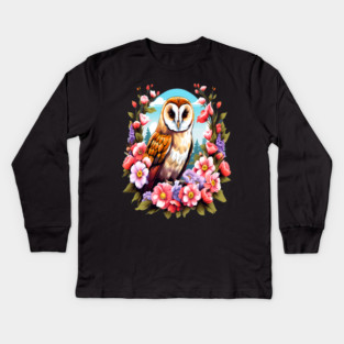 Cute European Barn Owl Surrounded by Bold Vibrant Spring Flowers Kids Long Sleeve T-Shirt