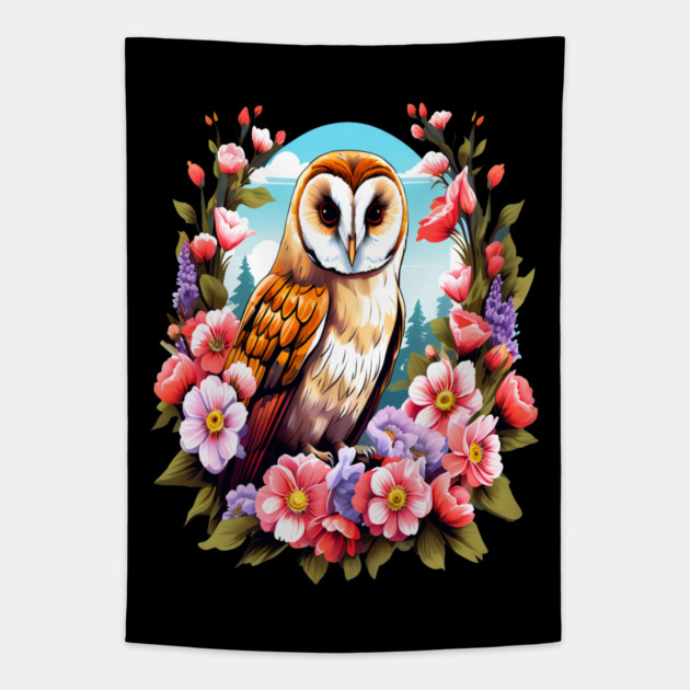 Cute European Barn Owl Surrounded by Bold Vibrant Spring Flowers Tapestry by BirdsnStuff