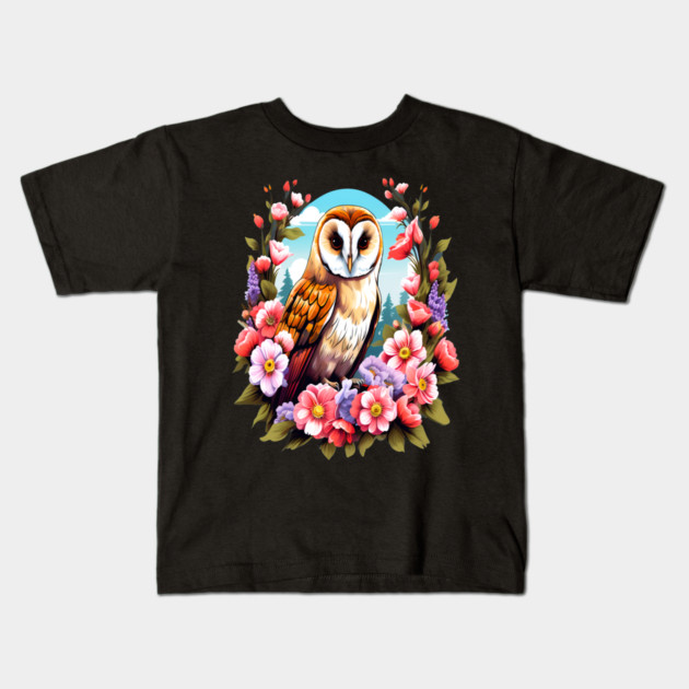 Cute European Barn Owl Surrounded by Bold Vibrant Spring Flowers Kids T-Shirt by BirdsnStuff