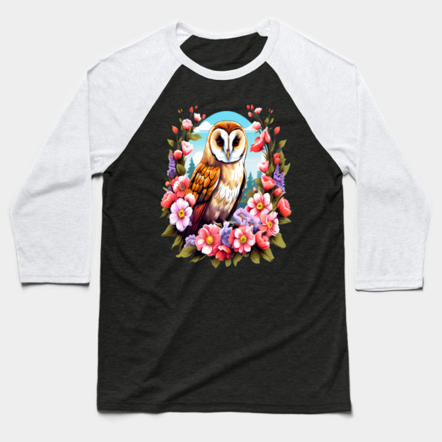 Cute European Barn Owl Surrounded by Bold Vibrant Spring Flowers Baseball T-Shirt by BirdsnStuff