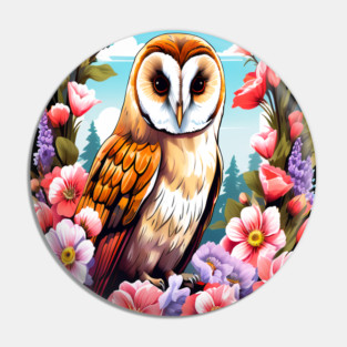 Cute European Barn Owl Surrounded by Bold Vibrant Spring Flowers Pin