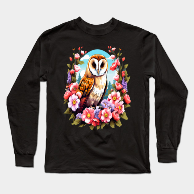 Cute European Barn Owl Surrounded by Bold Vibrant Spring Flowers Long Sleeve T-Shirt by BirdsnStuff