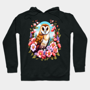 Cute European Barn Owl Surrounded by Bold Vibrant Spring Flowers Hoodie