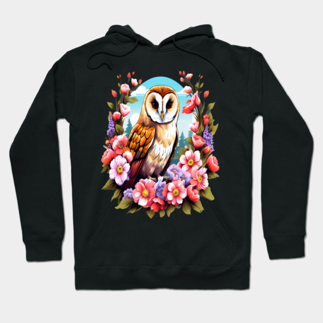 Cute European Barn Owl Surrounded by Bold Vibrant Spring Flowers Hoodie by BirdsnStuff