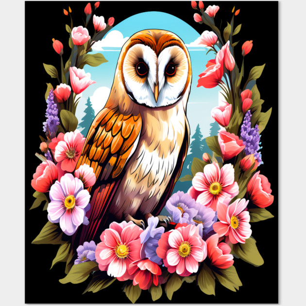 Cute European Barn Owl Surrounded by Bold Vibrant Spring Flowers Wall Art by BirdsnStuff