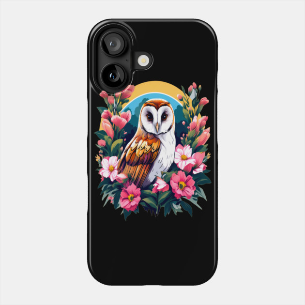 Cute European Barn Owl Surrounded by Bold Vibrant Spring Flowers Phone Case by BirdsnStuff