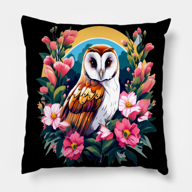 Cute European Barn Owl Surrounded by Bold Vibrant Spring Flowers Pillow by BirdsnStuff