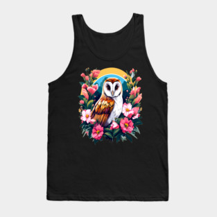 Cute European Barn Owl Surrounded by Bold Vibrant Spring Flowers Tank Top