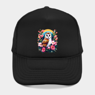 Cute European Barn Owl Surrounded by Bold Vibrant Spring Flowers Hat