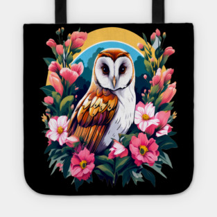 Cute European Barn Owl Surrounded by Bold Vibrant Spring Flowers Tote