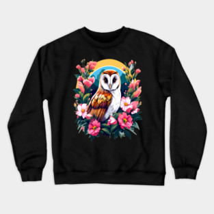 Cute European Barn Owl Surrounded by Bold Vibrant Spring Flowers Crewneck Sweatshirt
