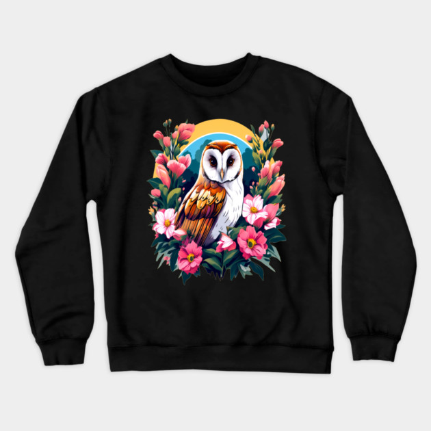 Cute European Barn Owl Surrounded by Bold Vibrant Spring Flowers Crewneck Sweatshirt by BirdsnStuff