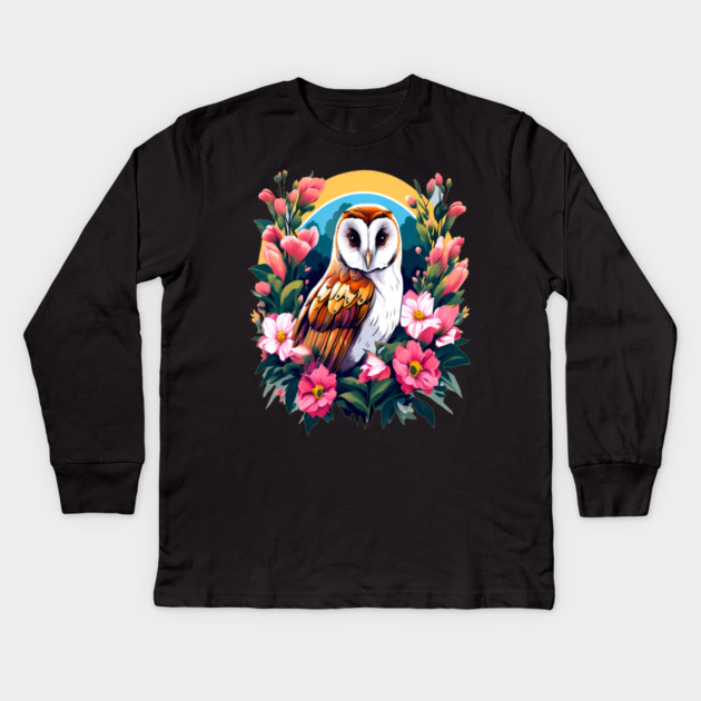 Cute European Barn Owl Surrounded by Bold Vibrant Spring Flowers Kids Long Sleeve T-Shirt by BirdsnStuff