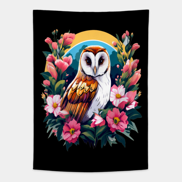 Cute European Barn Owl Surrounded by Bold Vibrant Spring Flowers Tapestry by BirdsnStuff
