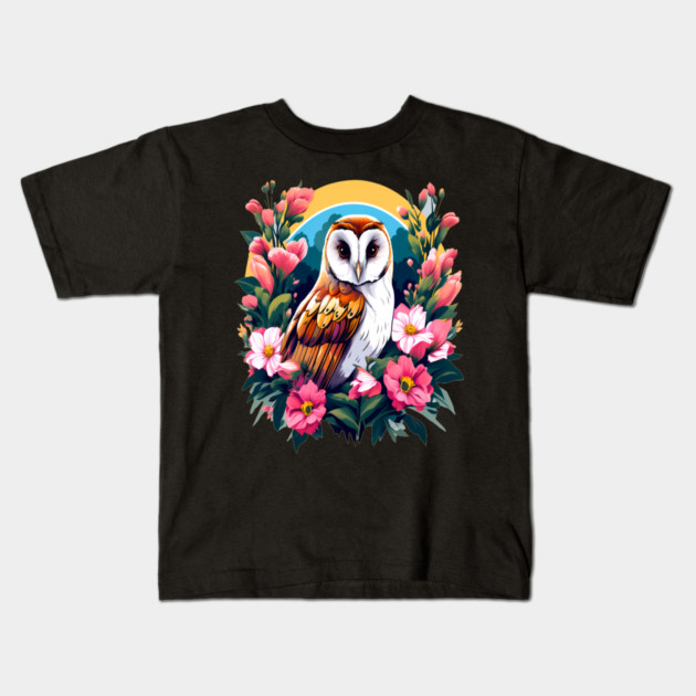 Cute European Barn Owl Surrounded by Bold Vibrant Spring Flowers Kids T-Shirt by BirdsnStuff