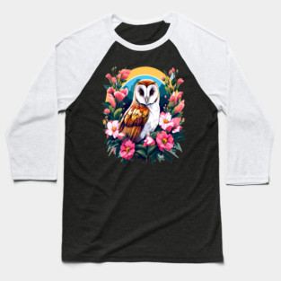 Cute European Barn Owl Surrounded by Bold Vibrant Spring Flowers Baseball T-Shirt