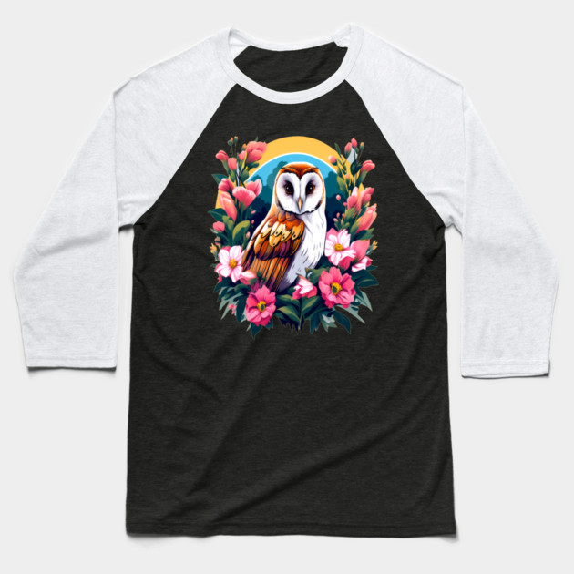 Cute European Barn Owl Surrounded by Bold Vibrant Spring Flowers Baseball T-Shirt by BirdsnStuff