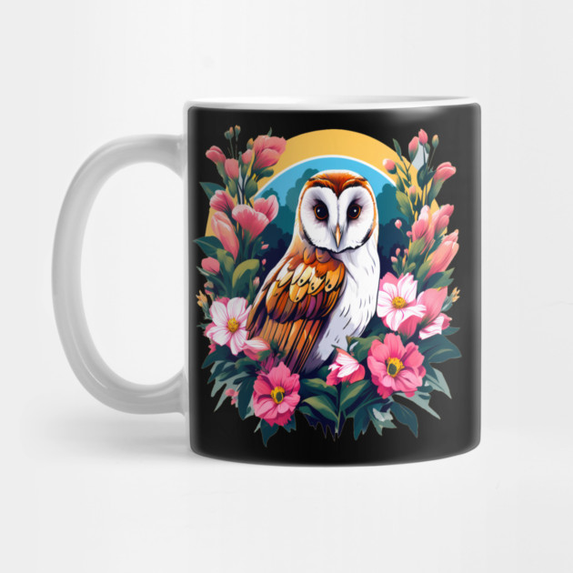 Cute European Barn Owl Surrounded by Bold Vibrant Spring Flowers by BirdsnStuff