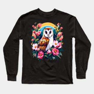 Cute European Barn Owl Surrounded by Bold Vibrant Spring Flowers Long Sleeve T-Shirt