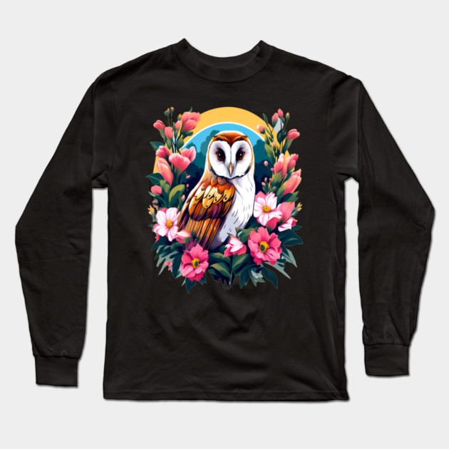 Cute European Barn Owl Surrounded by Bold Vibrant Spring Flowers Long Sleeve T-Shirt by BirdsnStuff