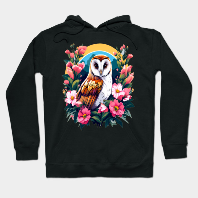Cute European Barn Owl Surrounded by Bold Vibrant Spring Flowers Hoodie by BirdsnStuff