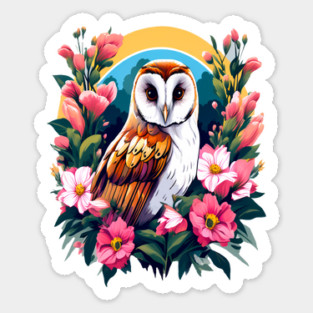 Cute European Barn Owl Surrounded by Bold Vibrant Spring Flowers Sticker
