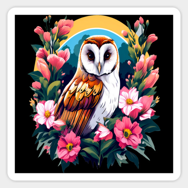 Cute European Barn Owl Surrounded by Bold Vibrant Spring Flowers Magnet by BirdsnStuff