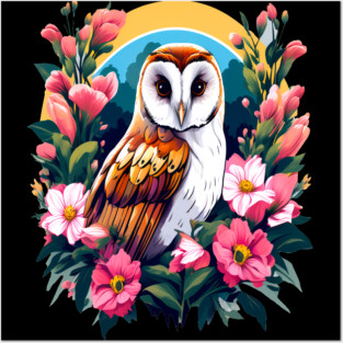 Cute European Barn Owl Surrounded by Bold Vibrant Spring Flowers Posters and Art